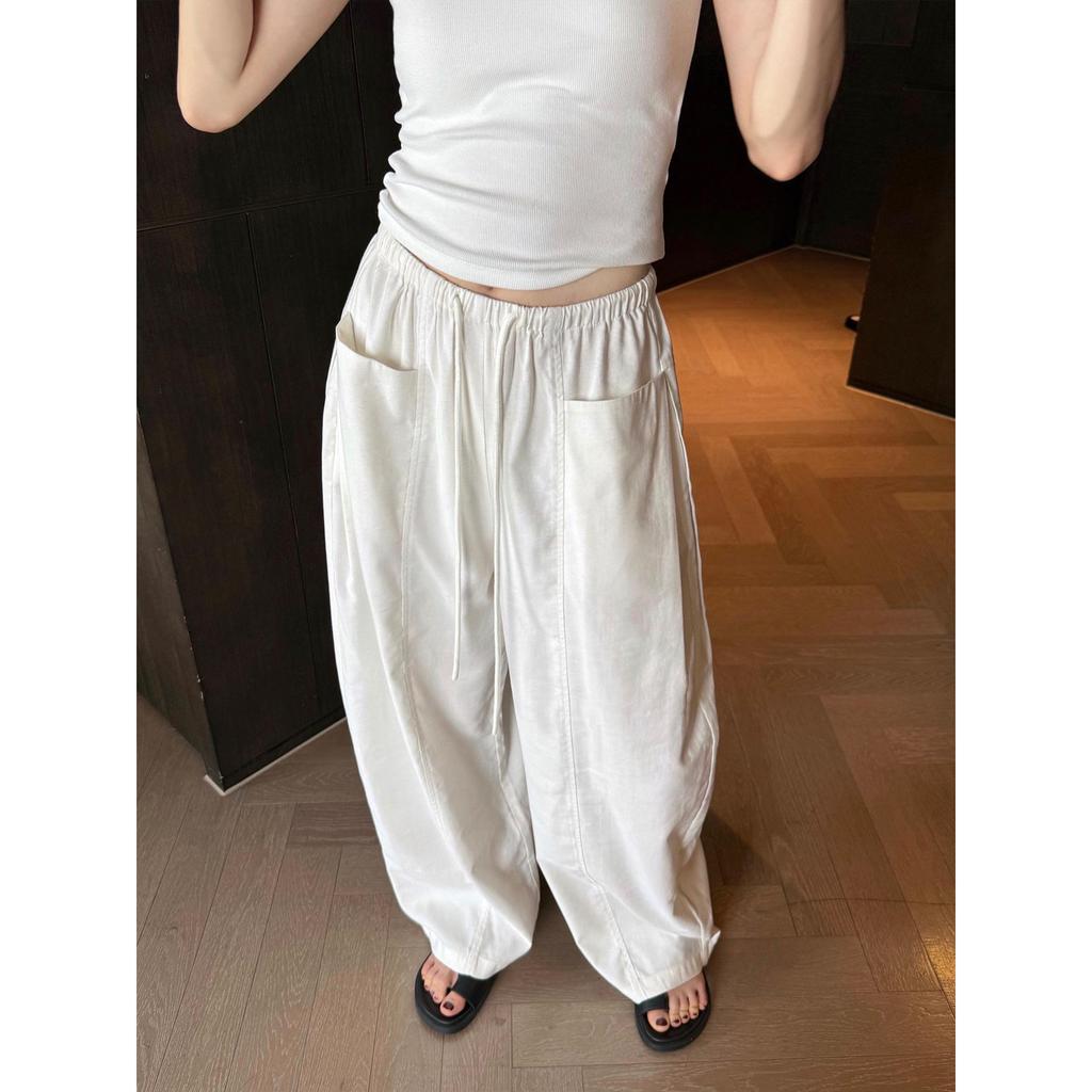Women's Linen Cotton Casual Pants - 2026 Summer Elastic Waist Drawstring Long Straight Leg