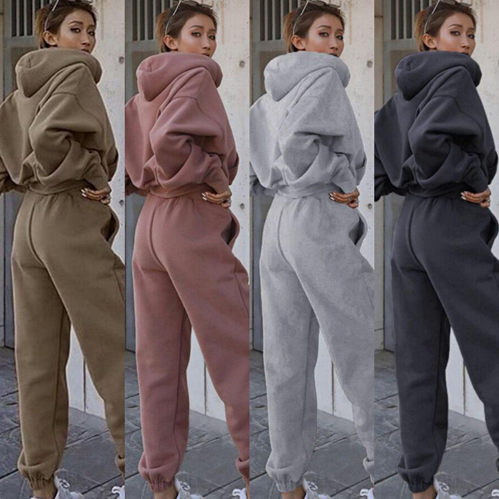 Autumn & Winter Women's Casual Solid Sweatshirt and Long Pants Set