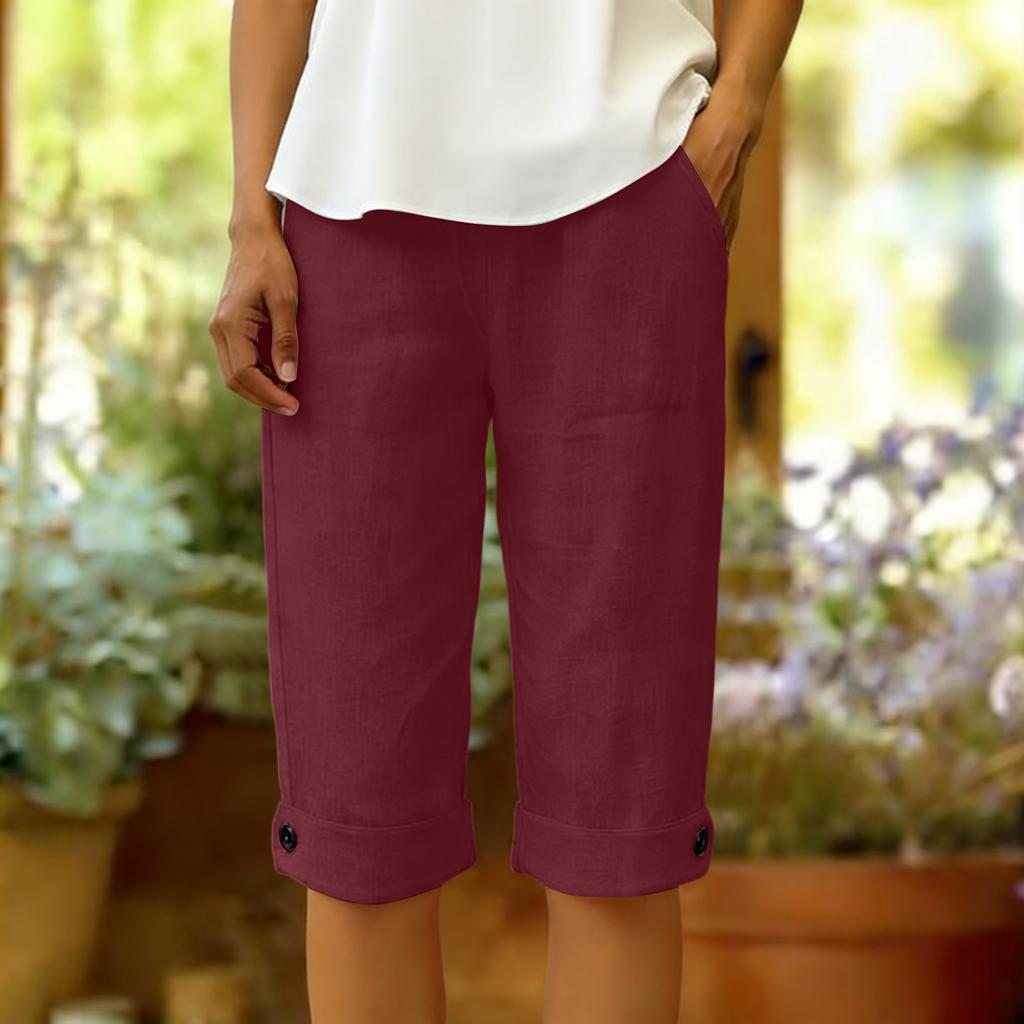 Women's Summer Fashion Color Elastic Waist Cotton Linen Five Quarter Pants Casual Loose Rolled Edge Pocket Shorts