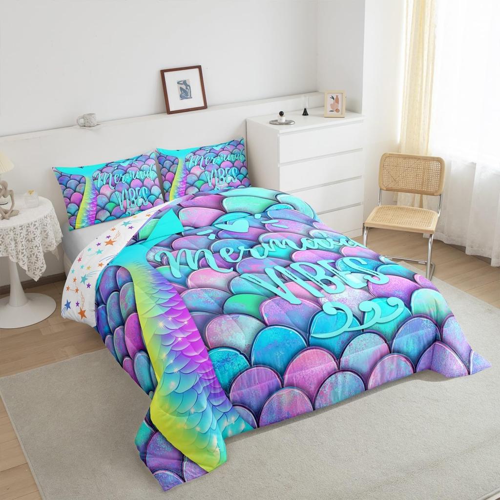 Erosebridal Mermaid Comforter Set Twin Size, Kids Fish Scales Duvet Sets, Girly Rainbow Bedding Set for Boys Teens Women Bedroom, Ocean Life