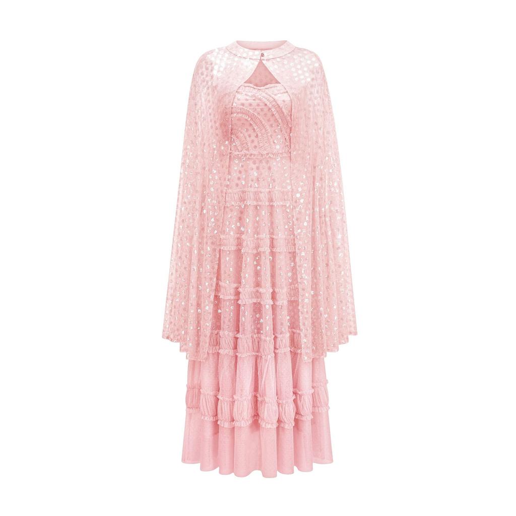 Strap-breasted Shiny Dress with Round Neck Cloak Two-piece Set of Celebrity Style Niche Long Skirt Banquet Birthday Party Dress