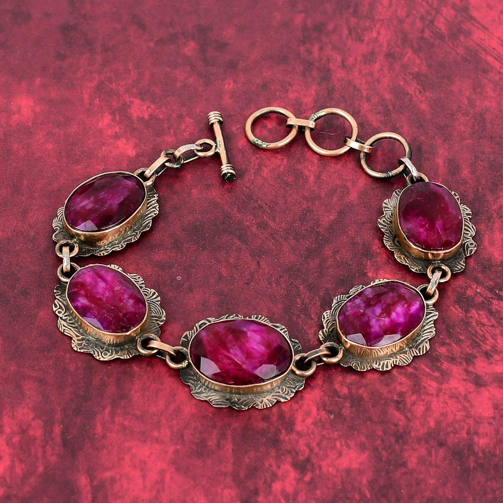 Faceted Kashmir Ruby Bracelet Copper Bracelet Genuine Gemstone Jewelry Adjustable Chain Bracelet Wonderful Copper Jewelry Handmade Bracelets