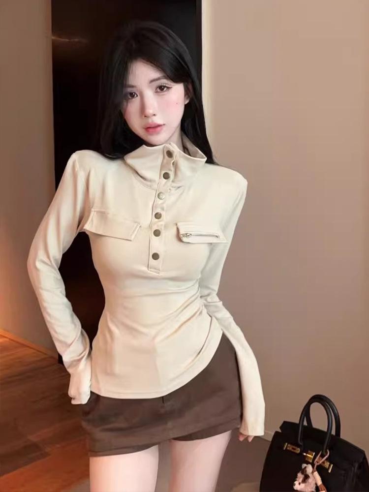 Women's Spicy Girl Style Stand-Collar Slimming Slim-Fit Long-Sleeve T-Shirt, Autumn/Winter, Stylish Waist-Cinching Base Layer