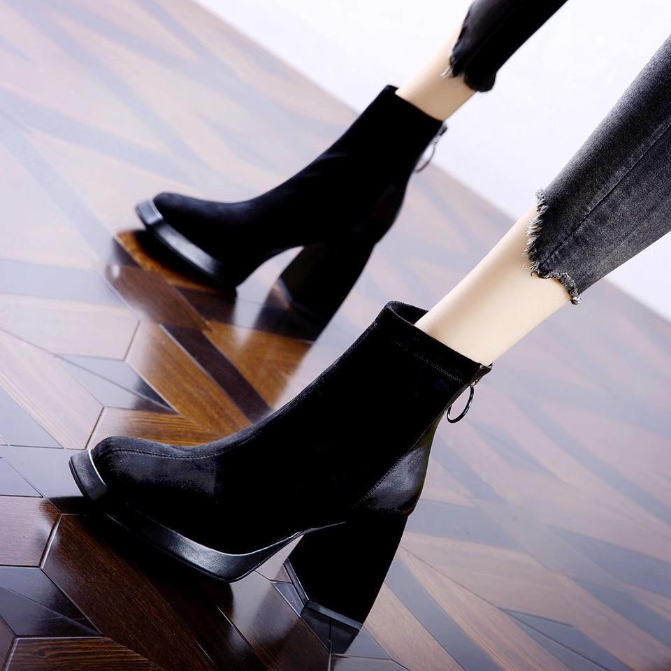 Suede Matte Square Head High-heeled Boots Women's Martin Boots 2025 Autumn and Winter New Waterproof Platform Thick-soled Heightened Thick-heeled