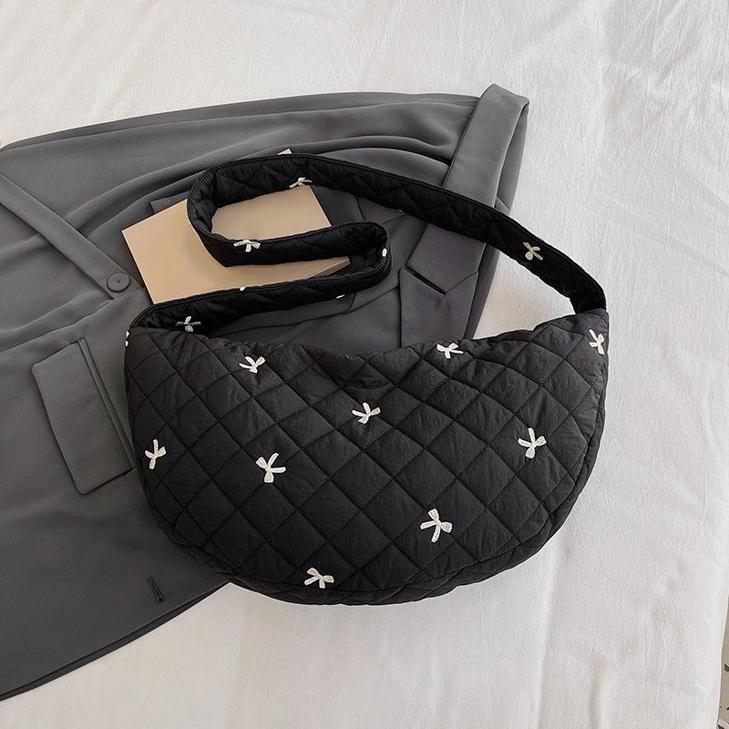 Women Nylon Bow Tie Crescent Crossbody Bag Large Capacity Quilted Dumpling Bag Padding Shoulder Bag Puffy Simple Satchel Bag CLE