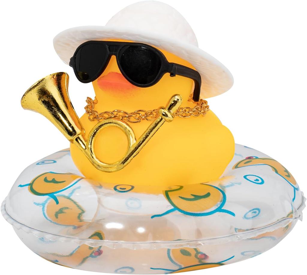 Car Duck Ornament Dashboard Decorations For Car Rubber Accessories With Sunglasses Hat Necklace Swim Ring And Mini Musical Instr