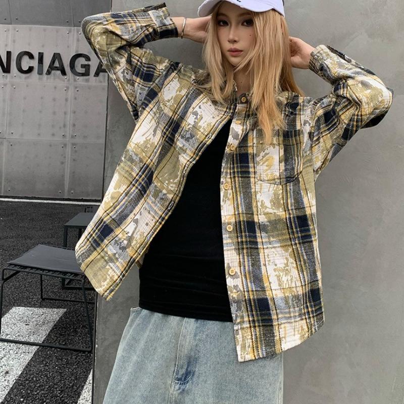 

Spring Autumn Couple Checkered Printed Shirt Men Tie Dyed Loose Casual Coat Long Sleeve Shirt Women 2XL жовтий