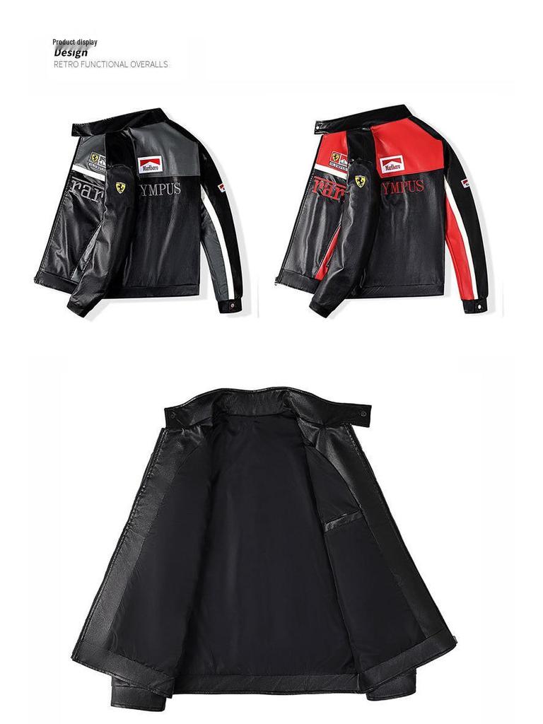 Men's PU Leather Motorcycle Racing Jacket with Velvet Lining - American Style Streetwear Outerwear