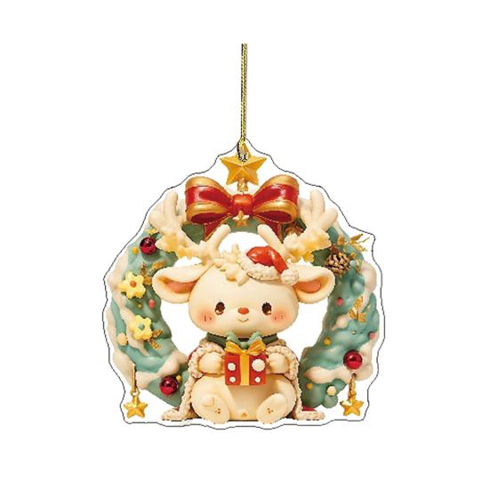 Christmas Car Charm 2D Acrylic Keychain Santa Reindeer Car Mirror Hanging Ornament Festive Decor for Home Tree
