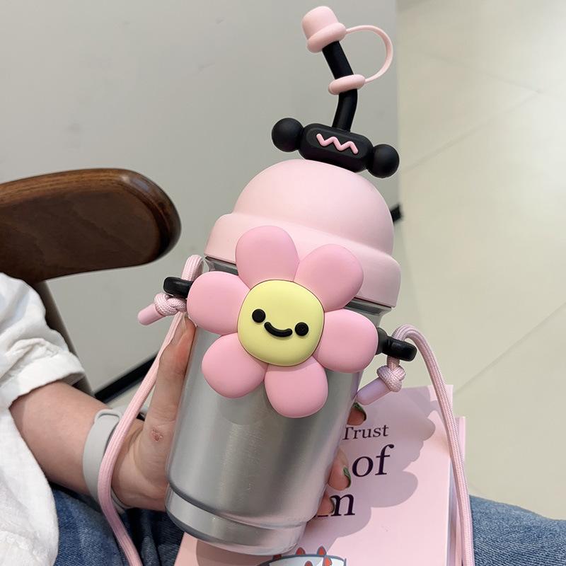 700Ml Cartoon Vacuum Flasks Straw Thermos Cup Female 316 Stainless Steel Milk Tea Cup High Value with Rope Flower Water Cup Gift