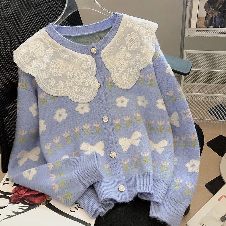 Doll Neck Sweater Coat Knitted Cardigan Women Spring and Autumn 2022 Casual Korean Lace Long Sleeve Cardigan Sweater Female Top