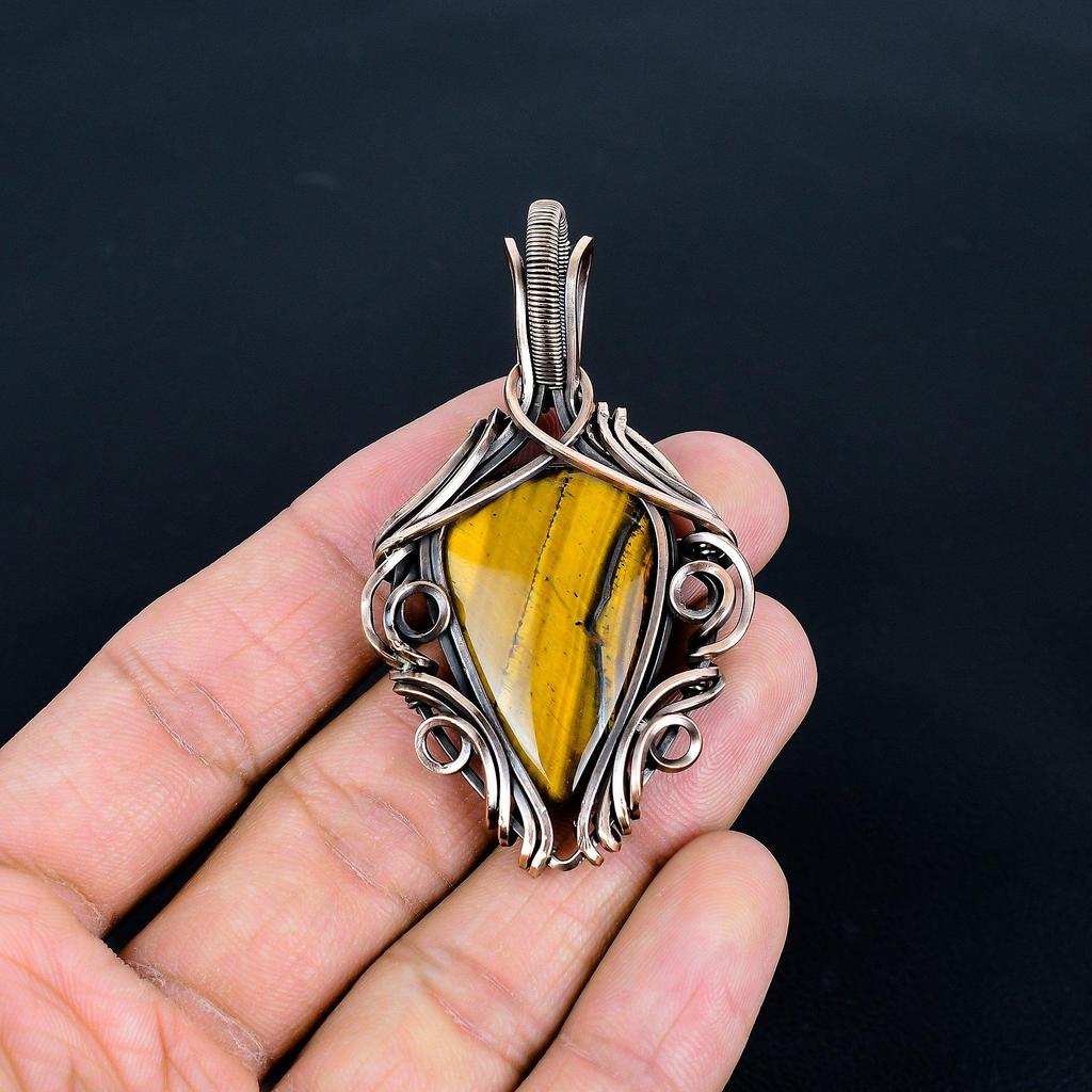 Tiger's Eye 999 Copper Wire Wrapped Pendant, Handmade Gemstone Pendant , Gift For Mom Antique Jewelry