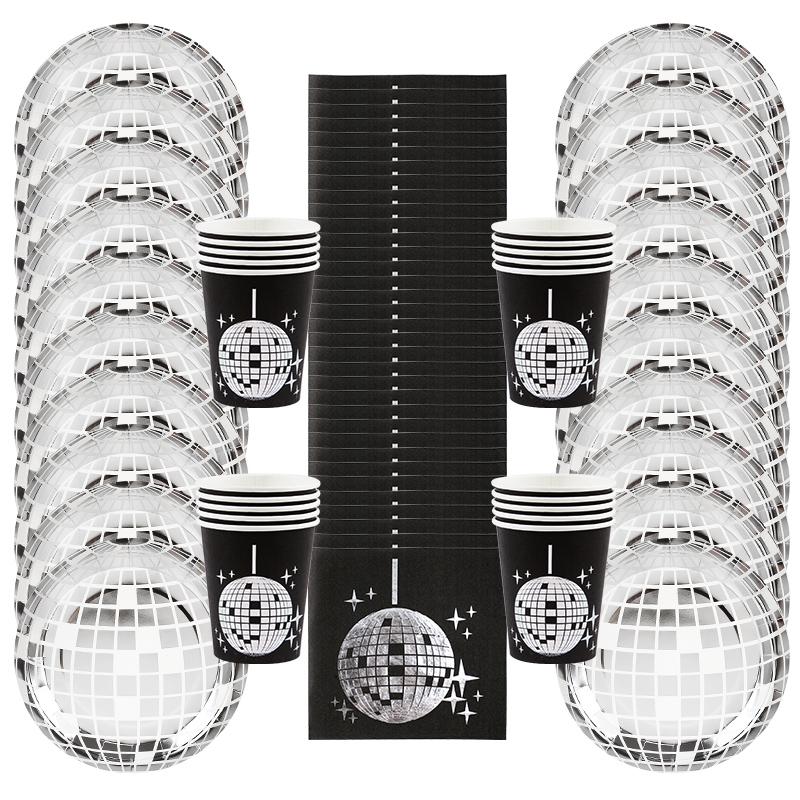 Disco Theme Party Disposable Tableware Set Silver Disco Ball Plates Napkins Cups 70s Birthday Party Decoration Wedding Supplies