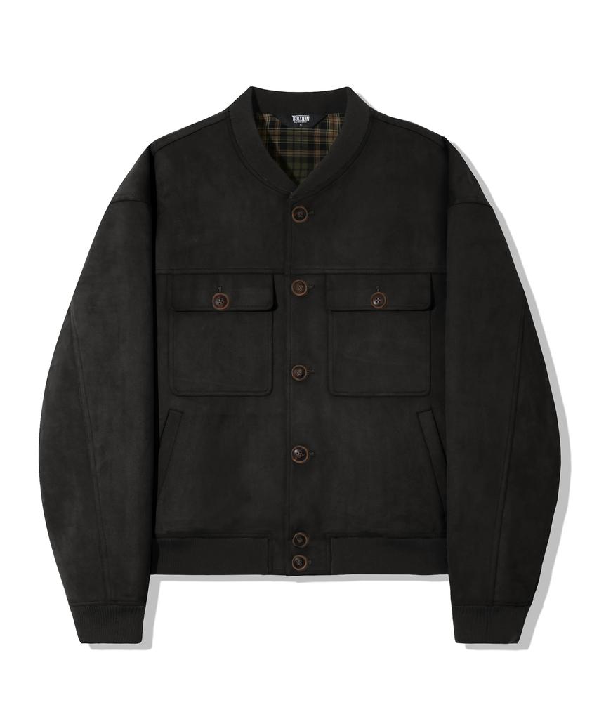 Trillion Two-Pocket Button Suede Bomber Jacket_Black