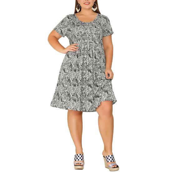 Women Dress Round Neck Short Sleeve Pleated Detail Short Dress Floral Print Flowy Hem Loose Fit Dress Plus Size