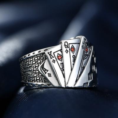 Retro Royal Flush Poker Ring For Men Punk Gothic Rock Hiphop Open Ring Unisex Accessories Handmade Designer Zircon Lover Gift