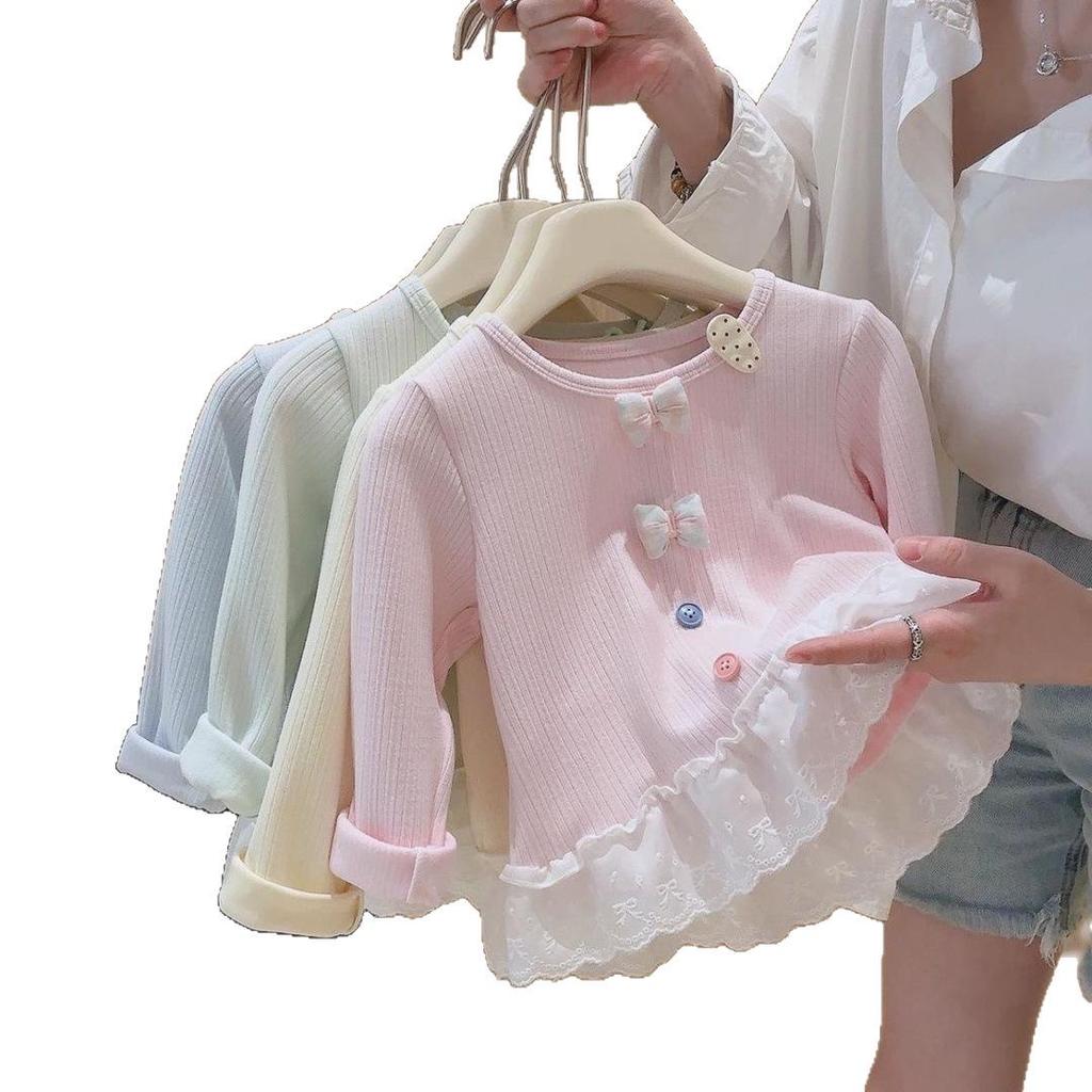 Girls' Spring/Autumn Base Layer: Stylish Lace-Trim Colorful Button Long Sleeve Top (2026).