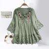 V-Neck 3/4 Sleeves Lace-up Bow Summer Shirt Vintage Lace Patchwork Embroidery Flower Decor Blouse Female Clothing