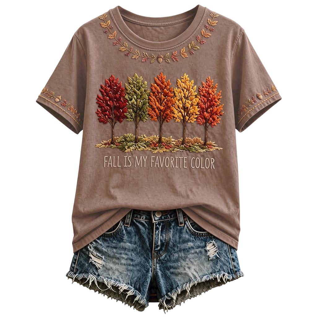 Women's Maple Leaf Print Short Sleeve T-Shirt for Fall