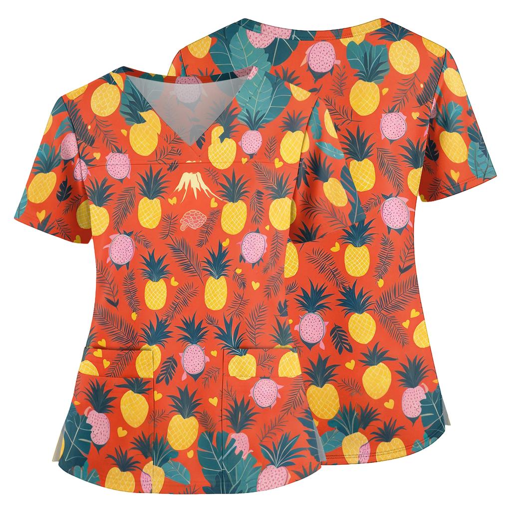 Women's V Neck Medical Scrub Top Hawaiian Print Short Sleeve Side Slit Pockets Nurse Uniform Shirt Lightweight Breathable Fabric