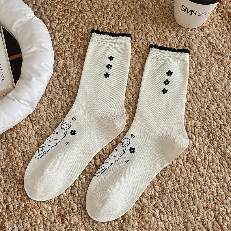 Socks Three-Flower Cartoon Rabbit Socks Korean Gray Lace Pile Stocking Socks