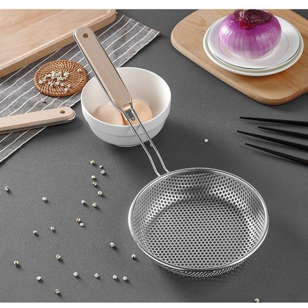 Long Handle Stainless Steel Strainer Wooden Handle Skimmer Spoon Fine Mesh Strainer  Food Strainer