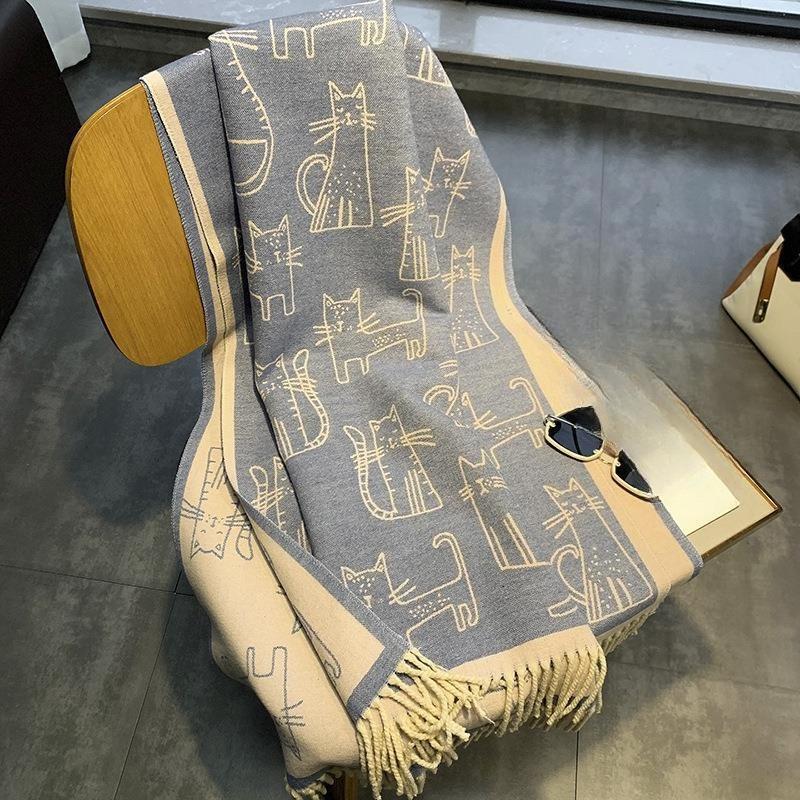 New Thick Tassel Scarf for Women Cat Print Imitation Cashmere Shawl Sun Protection Autumn and Winter Windproof Scarf