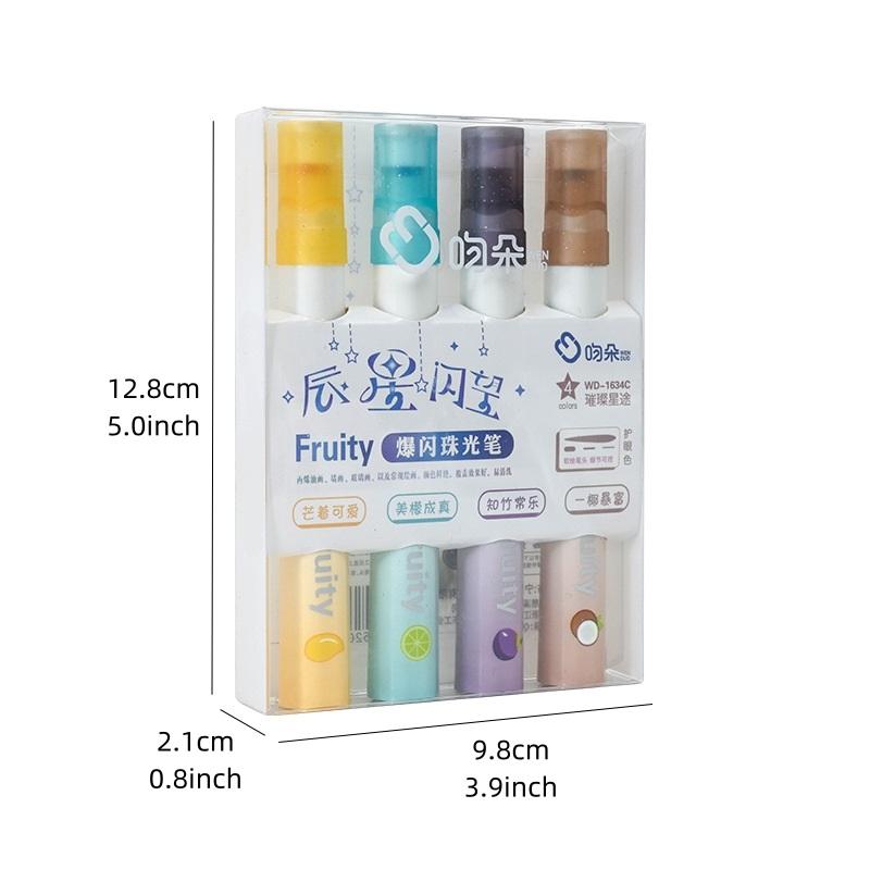 4pcs Fruity Highlighter Pens Set Brush Tip Strobe Bling Glitter Color Marker Liner for Drawing Painting Art School