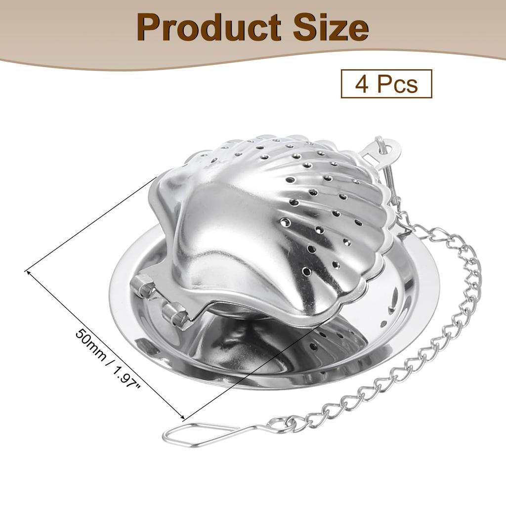 uxcell 4-Piece Tea Infuser Filter, Loose Tea Steeper, Stainless Steel Tea Strainer with Seashell Tea Ball and Chain for Loose Leaf Tea, Silver