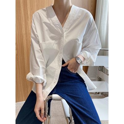 Simple Long-sleeved V-neck Shirt for Women Spring Lazy Style Shirt