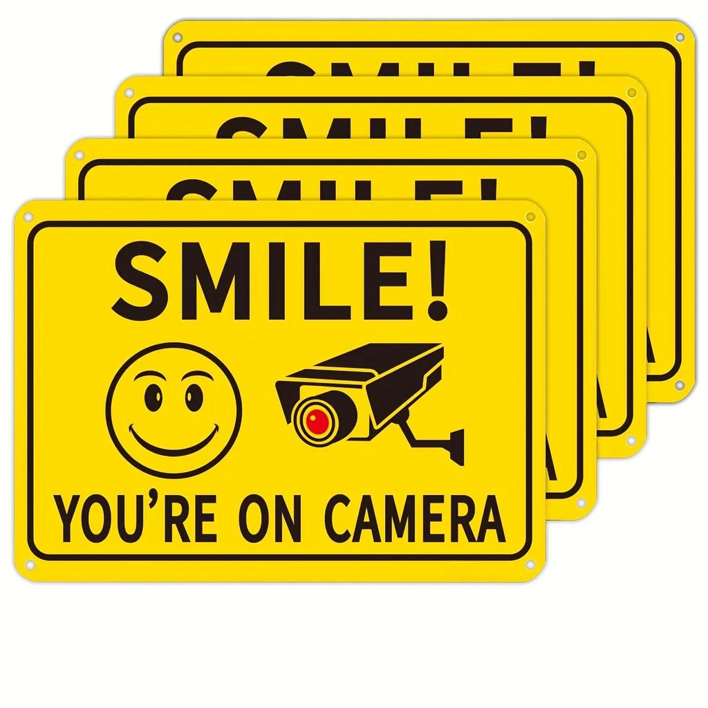 4pcs Smile Your On Camera Metal Sign, Video Surveillance Signs Outdoor, Yard,Property, Business Security Camera Aluminum Sign