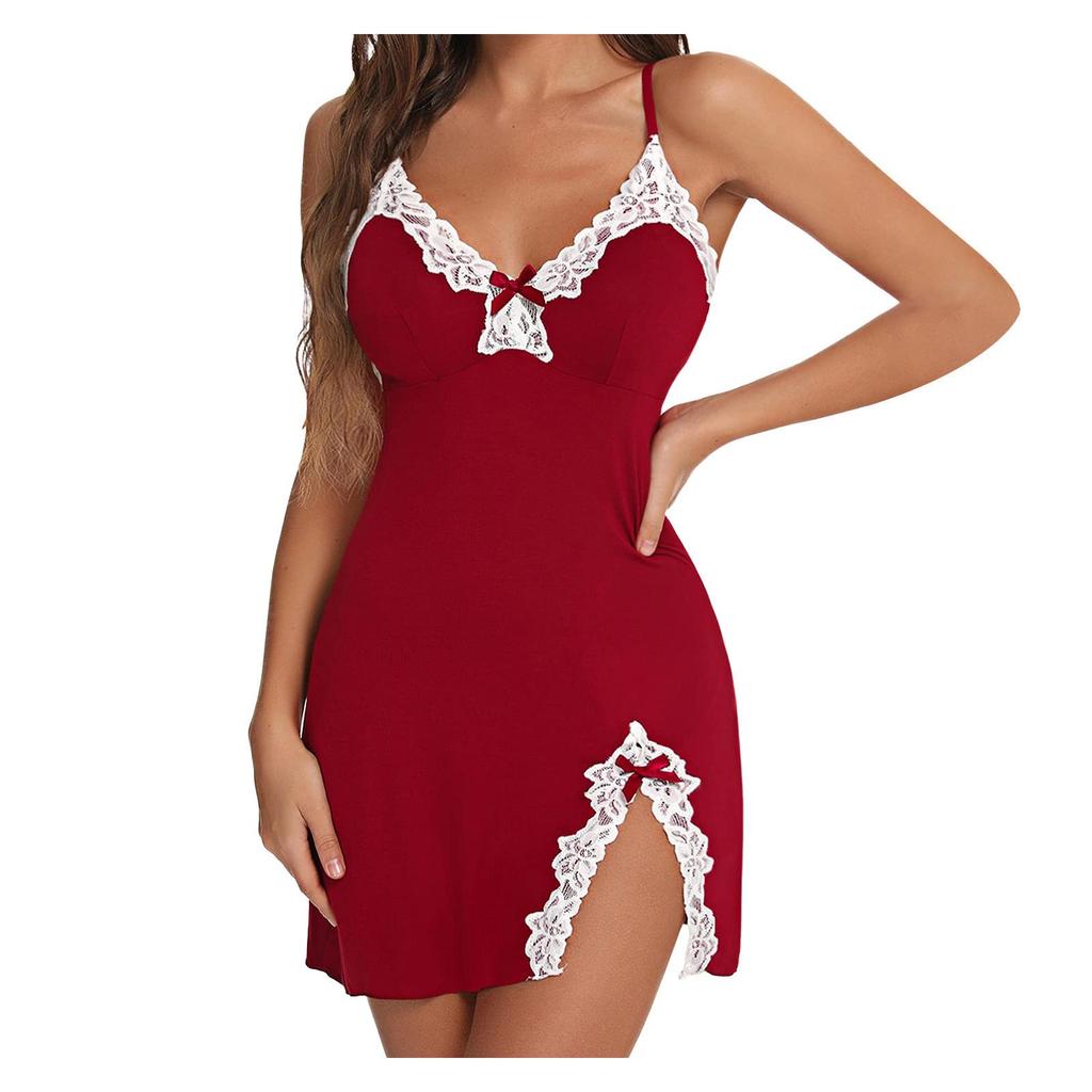 Contrast Lace Slip Nightdress, V Neck Backless Split Sleep Dress, Women's Sleepwear & Dresses