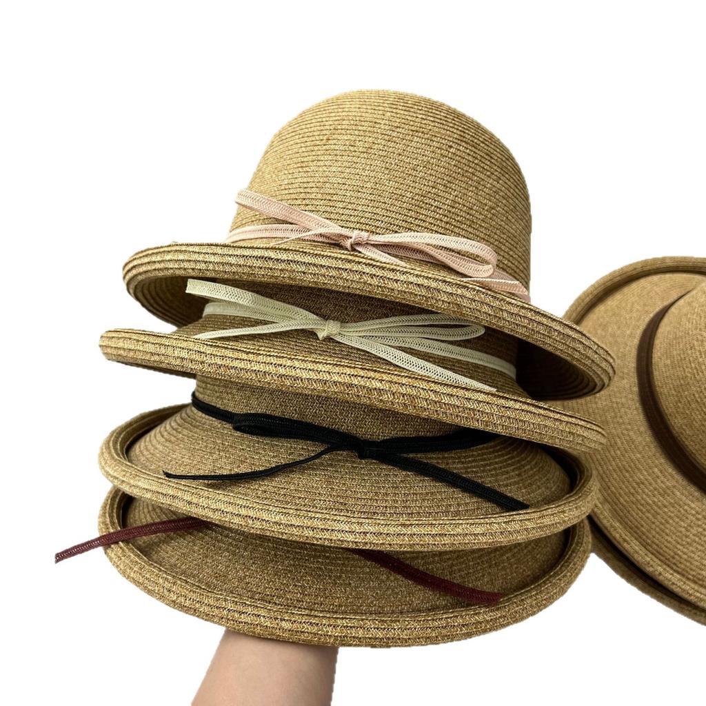 New Straw Hat Sunscreen Bow Curled Edge Temperament Basin Hat Women's Summer Visor Bucket Hat Vacation Top Hat