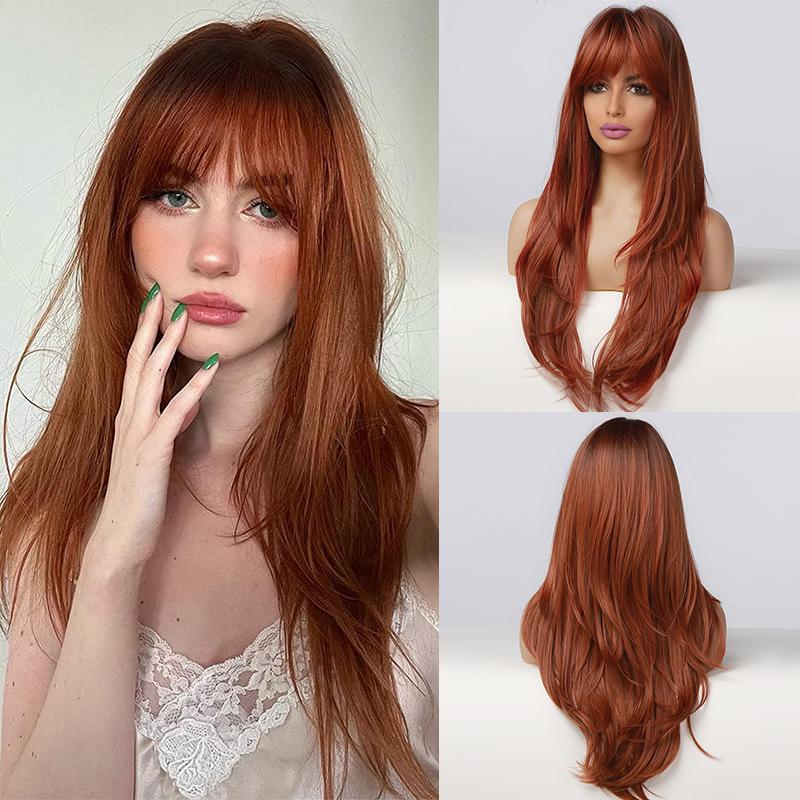 HENRY MARGU Ombre Dark Black Brown Synthetic Wigs with Bangs Layered Hair Wig for Black Women Party Cospaly Heat Resistant