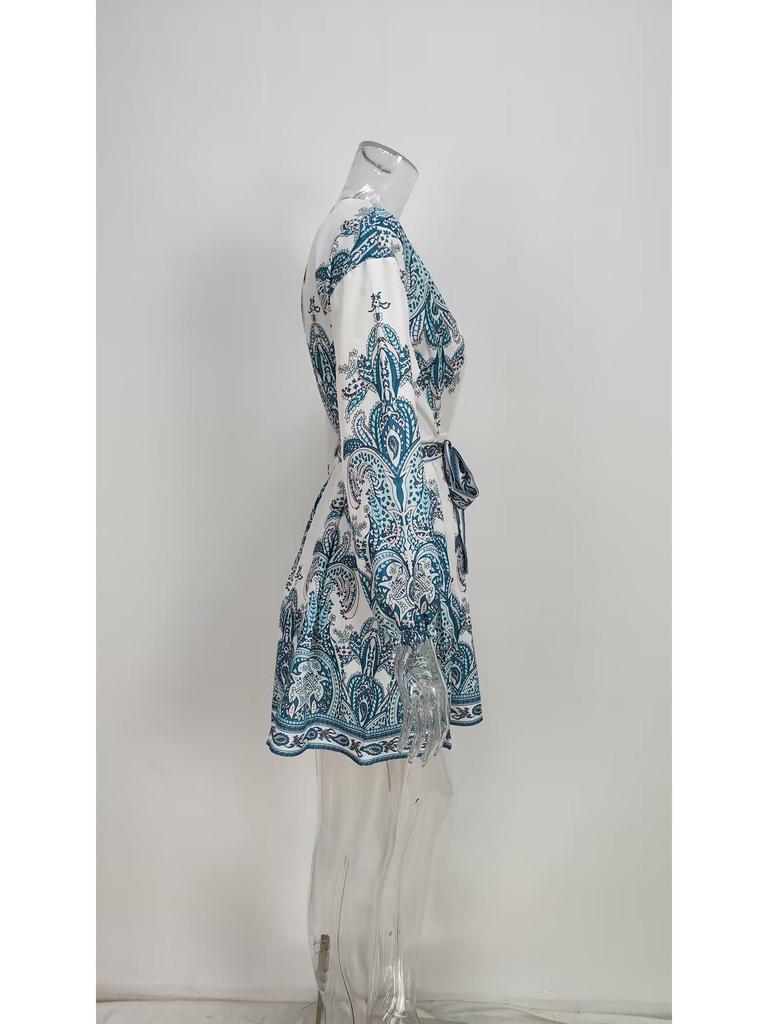 Damen Retro Nationalstil Laternenärmel V-Ausschnitt Print Kurzes Kleid