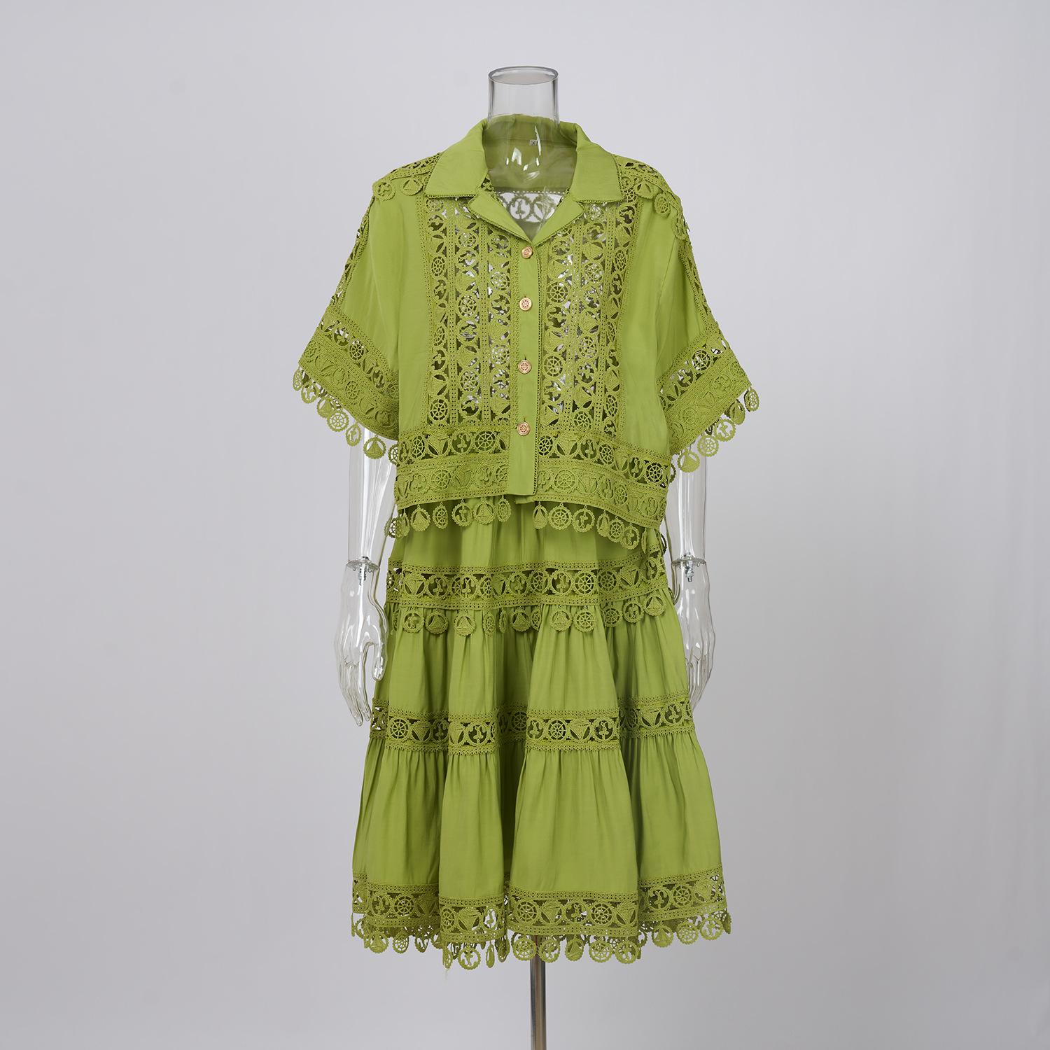 

Ажурное платье Комплект из двух частей Женский летний праздничный вышитый кружевной жакет Белые топы Плиссированные короткие юбки Костюмы M зелёный