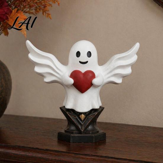 Decorative Sculpture for Office Angel Ghost Statue Smiling Holding Heart Figurine Cute Romantic Valentine Day Gift Halloween Valentine's Home Table