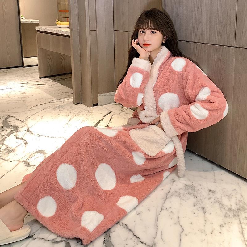 Women Print Mid-calf Robes Design Winter Warm Thick Korean Style Homewear Lounge Casual Popular Feminino Fashion Loose Bathrobe