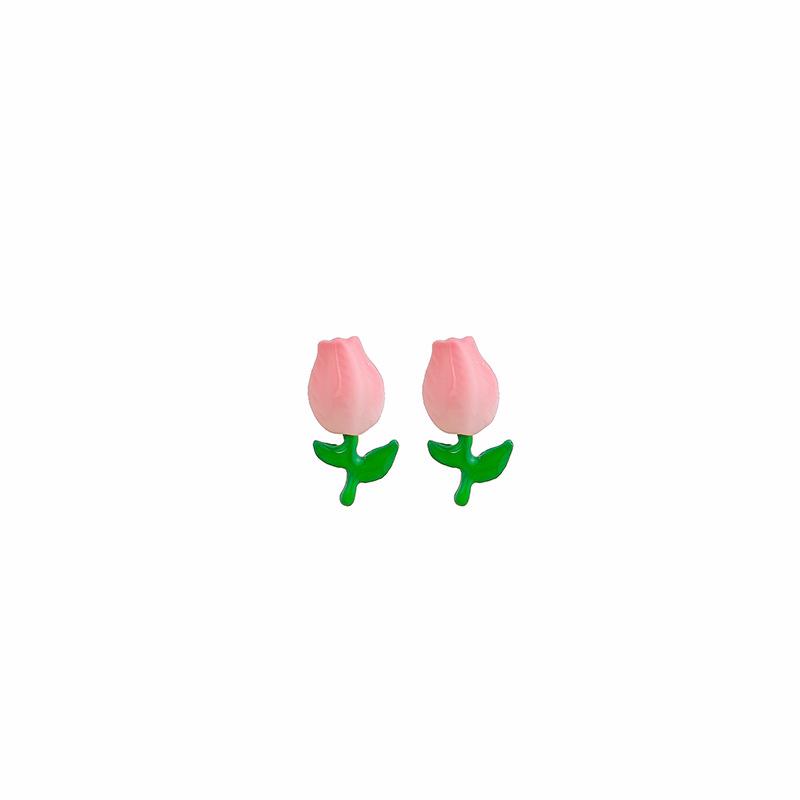Silver Needle Exquisite Pink Tulip Floral Stud Earrings for Women - Sweet Romantic Jewelry