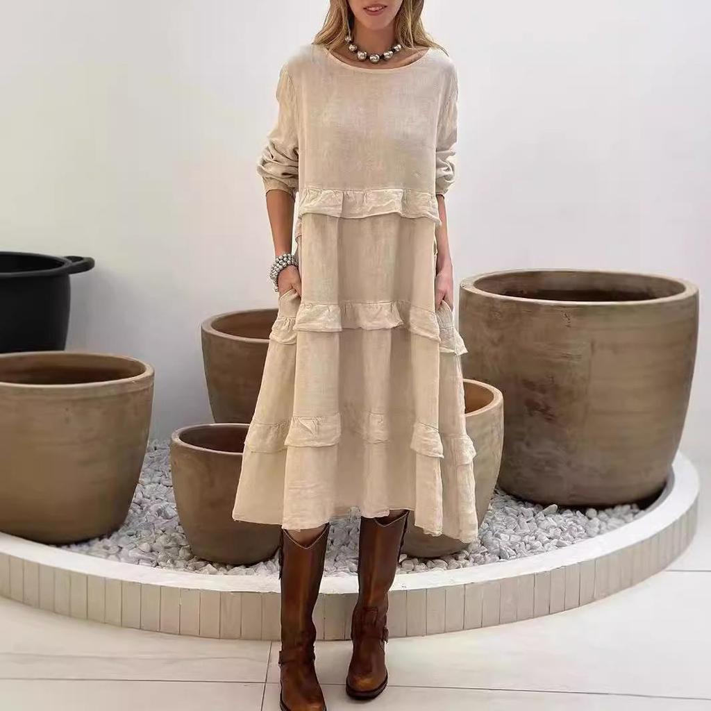 2025 Spring/Summer Women's Long-Sleeved Patchwork Ruffle Dress