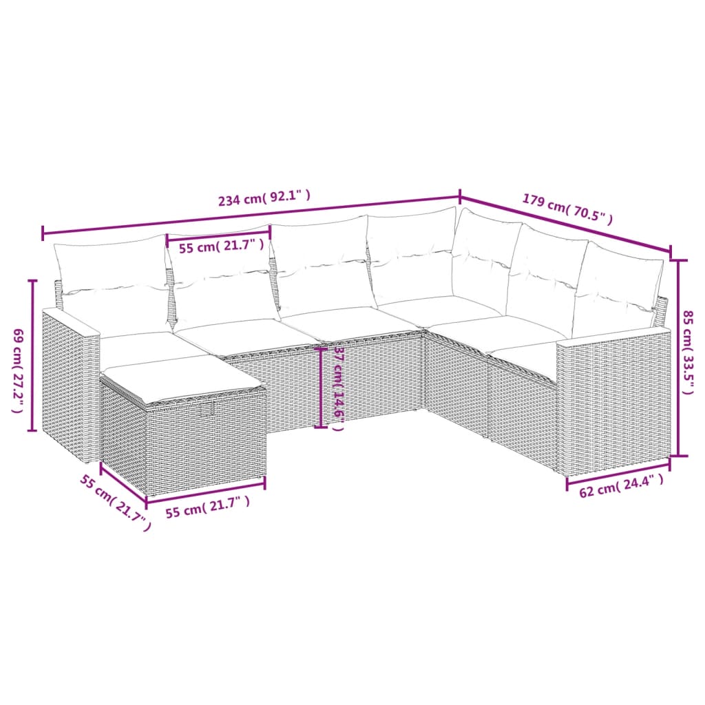 7 piece Garden Sofa Set with Cushions Black Poly Rattan
