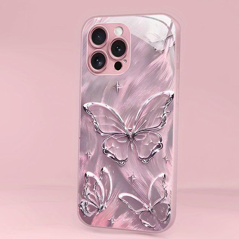 Glänzendes Schmetterlingsmuster Rosa Metallic Lack Glas Harte Handyhülle Für iPhone 17Air 17 16 15 14 13 12 11 Pro Max Plus 16E Hülle