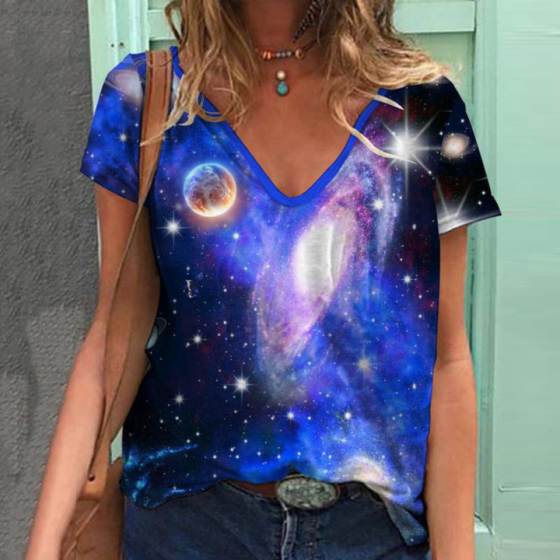 Летняя модная футболка женская контрастная строчка лунный свет цифровой 3D принт топы — фото 12
