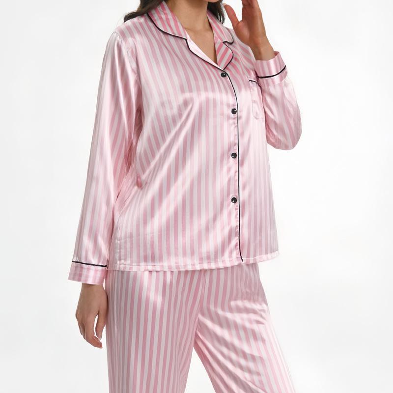 Autumn Winter Striped Pajamas Set for Women Sleepwear Long Sleeve Button Top and Long Pants Set Homewear Loungewear