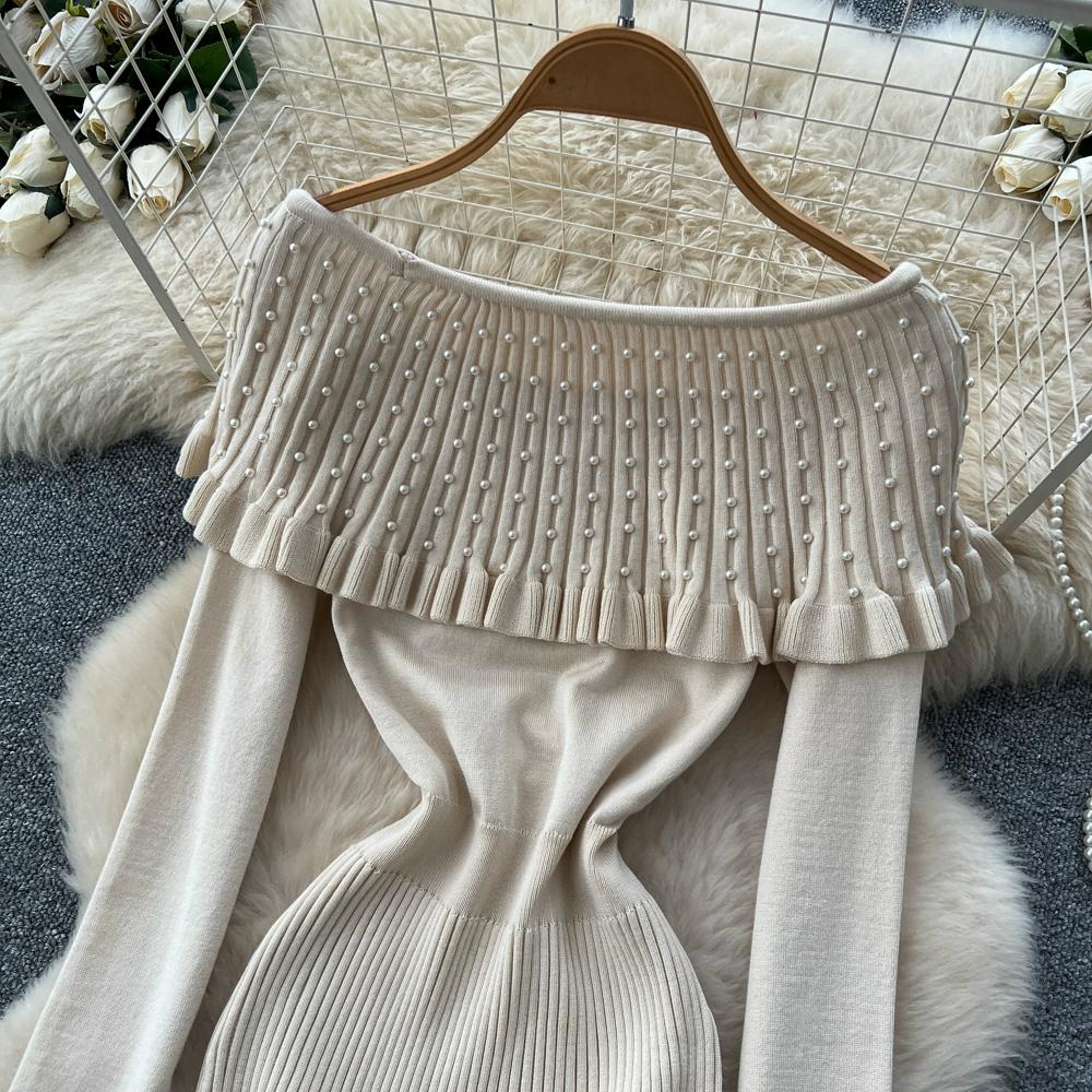 Autumn Winter Women Elegant Slash Neck Off Shoulder Beading Knitted Sweater Long Midi Christmas Party Dresses