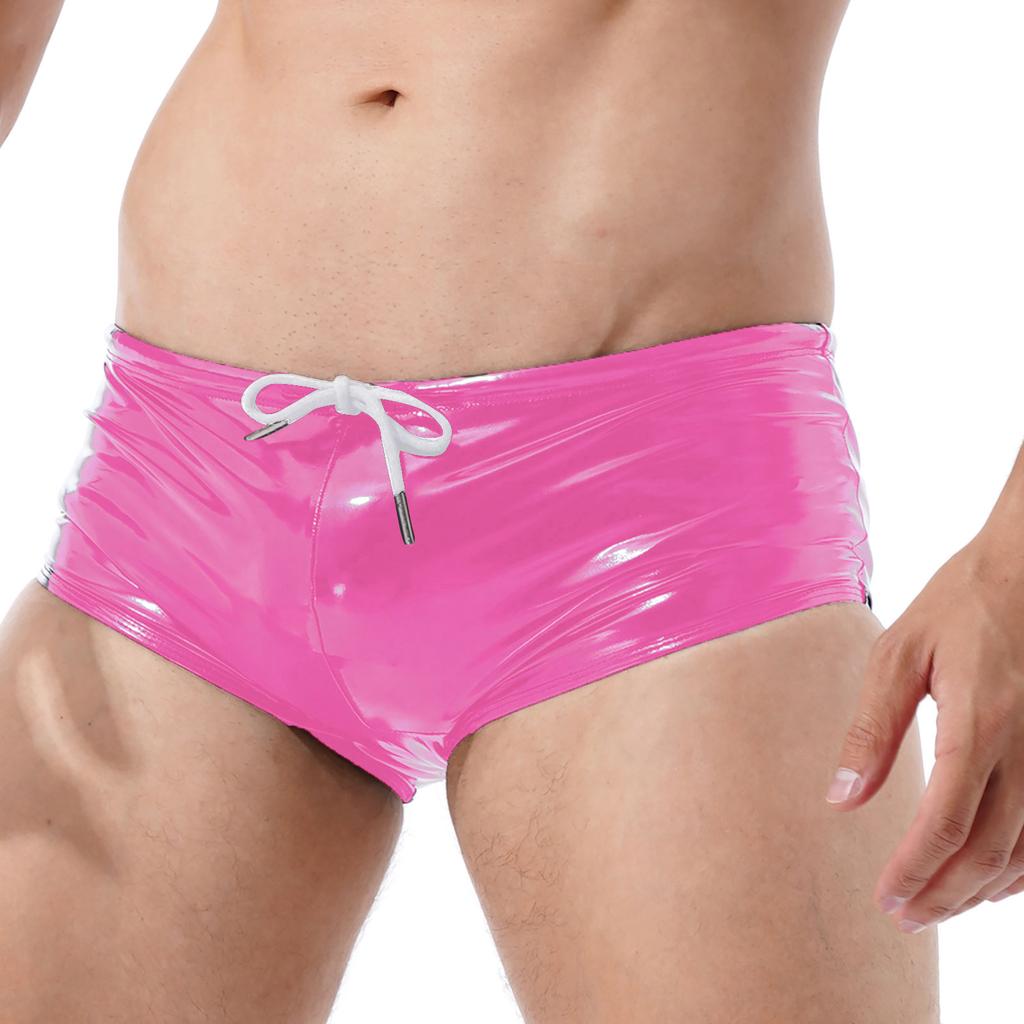 Mens Patent Leather Swim Trunks Wet Look Design Low Rise Boxer Shorts Drawstring Waist Party Clubwear