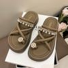 Rhinestone Pearl Two Wear Sandals Girl 2025 Summer New Set Toe One Word Fairy Beach Platform Fashion Cool Slippers