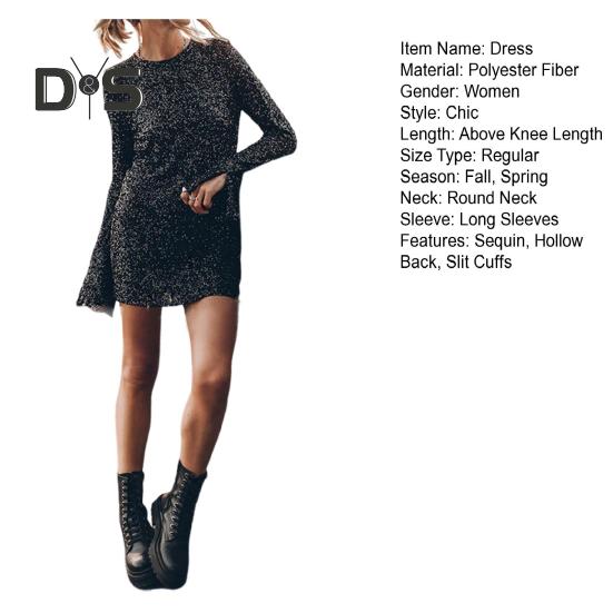 Rochie de toamnă de primăvară pentru damă, mâneci lungi cu corn, manșete cu fante, gât rotund, teacă cu paiete, spate gol, mini rochie pentru petrecere.