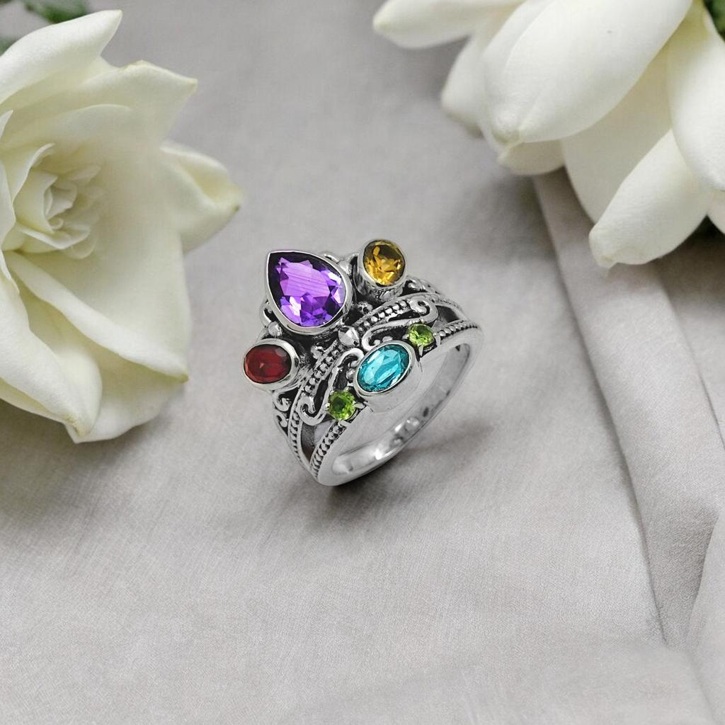 Multi-Gemstone Crown Ring: 925 Sterling Silver