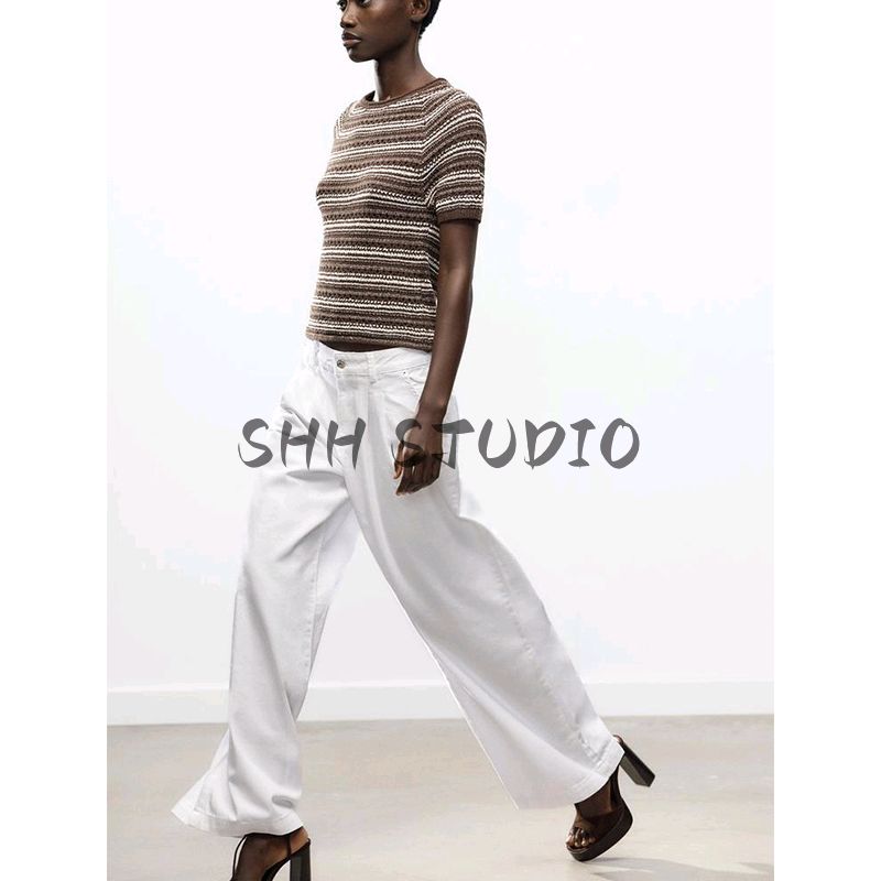 Spring and Summer New Women's Clothing Minimalist Style Silm All-Matching round Neck Short Sleeve Stripes Knitting Tops 2756007